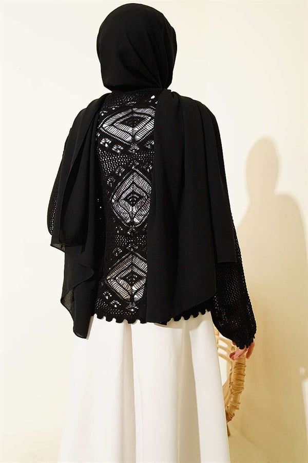 Motif Pattern Openwork Short Cardigan Black
