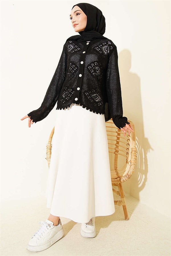 Motif Pattern Openwork Short Cardigan Black