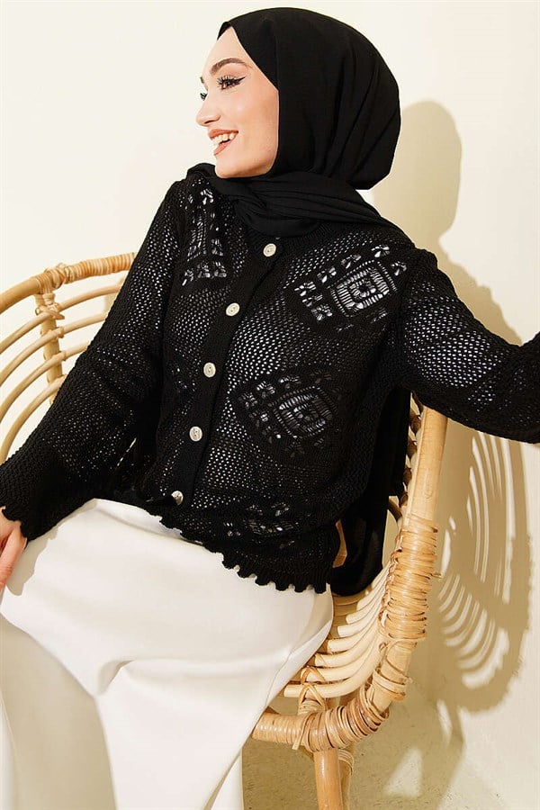 Motif Pattern Openwork Short Cardigan Black