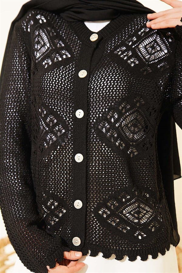 Motif Pattern Openwork Short Cardigan Black