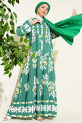 Motif Pattern Mandarin Collar Dress Green