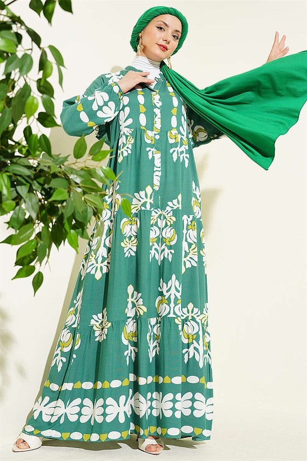 Motif Pattern Mandarin Collar Dress Green