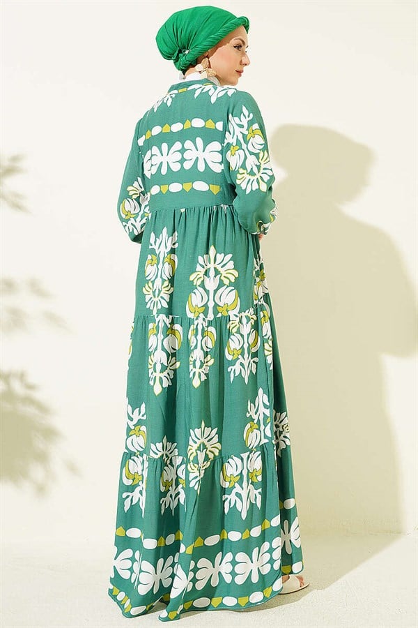 Motif Pattern Mandarin Collar Dress Green
