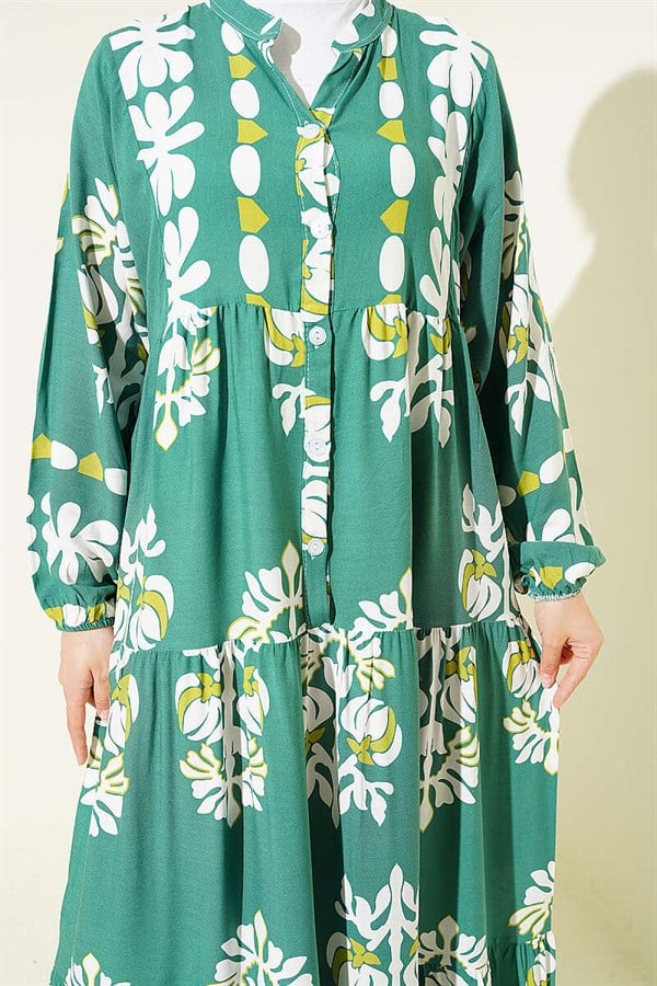 Motif Pattern Mandarin Collar Dress Green