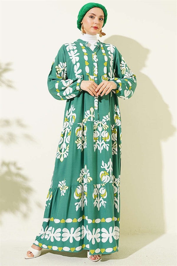 Motif Pattern Mandarin Collar Dress Green