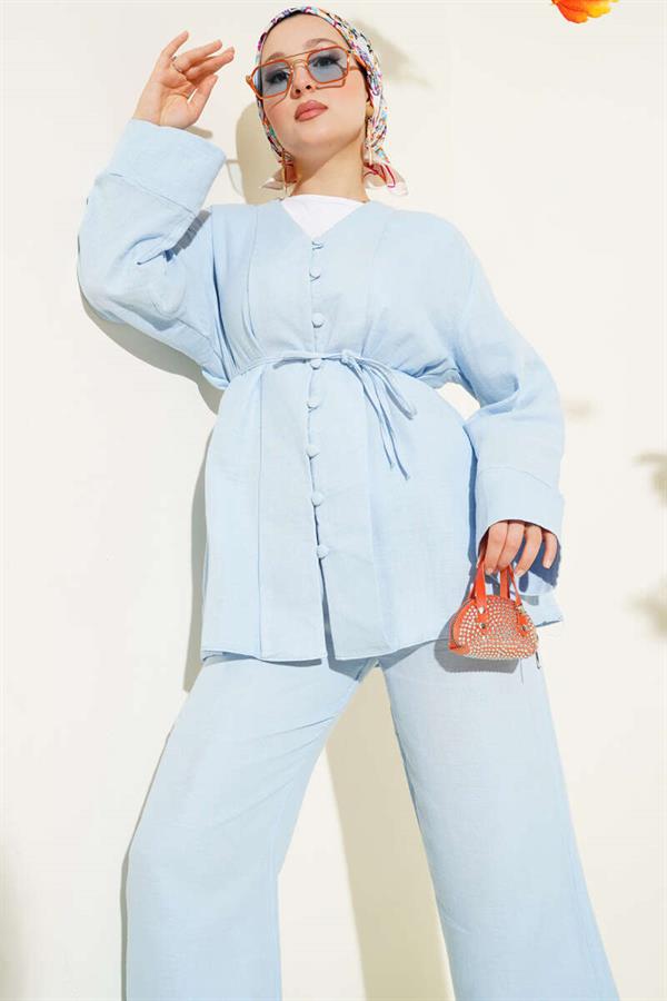 Muslin Button Covered 2 Piece Set Blue
