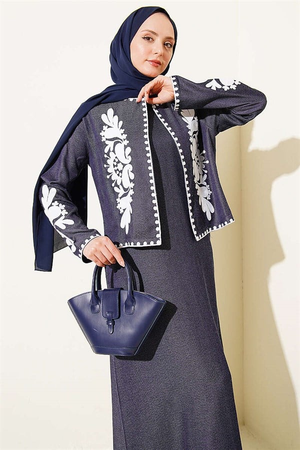 Embroidered Jacket and Vest Two-Piece Set, Navy Blue