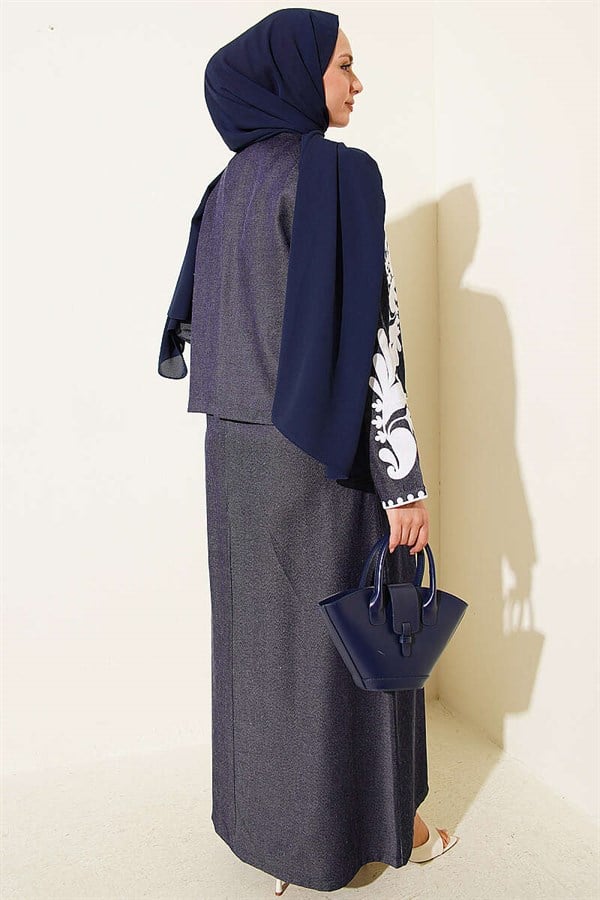 Embroidered Jacket and Vest Two-Piece Set, Navy Blue
