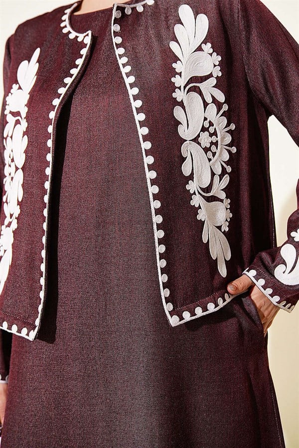 Embroidered Detail Jacket and Vest Two-Piece Set, Cherry Red