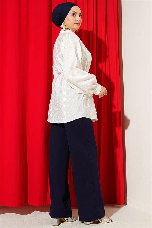 Embroidered Detail Belted Shirt, Ecru