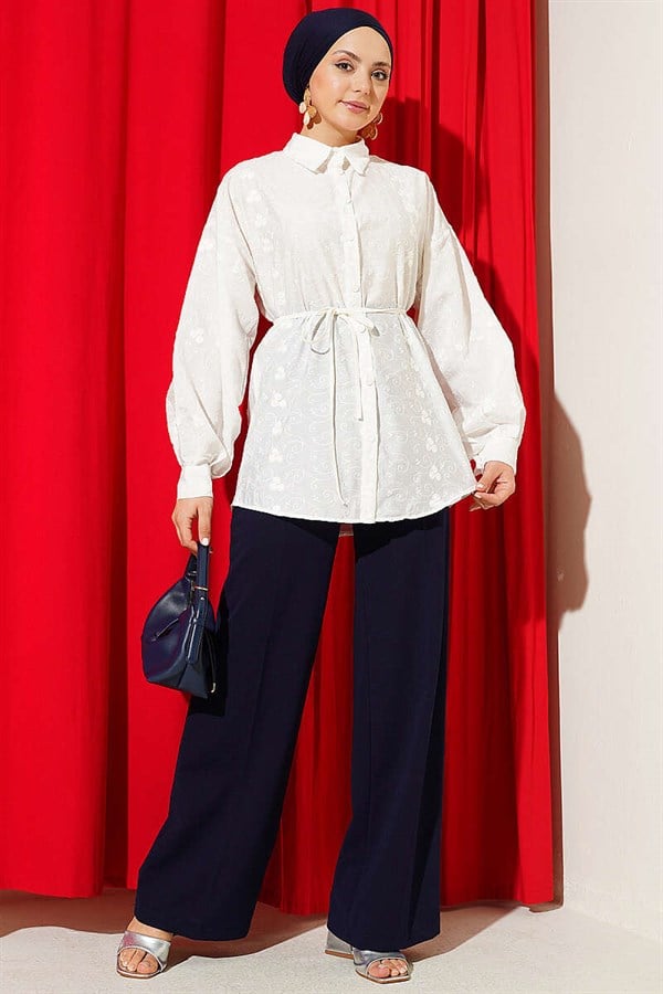 Embroidered Detail Belted Shirt, Ecru