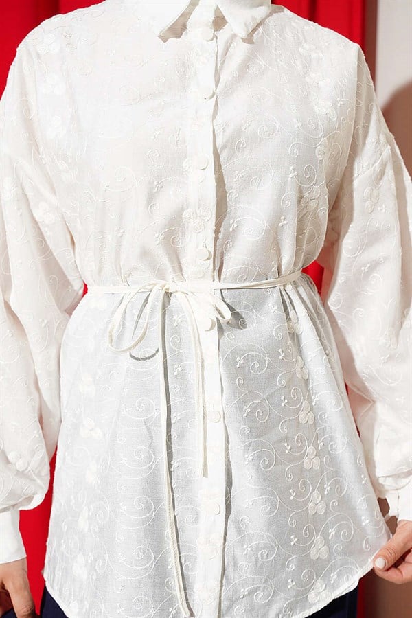 Embroidered Detail Belted Shirt, Ecru