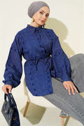 Embroidered Shirt with Drawstring, Navy Blue