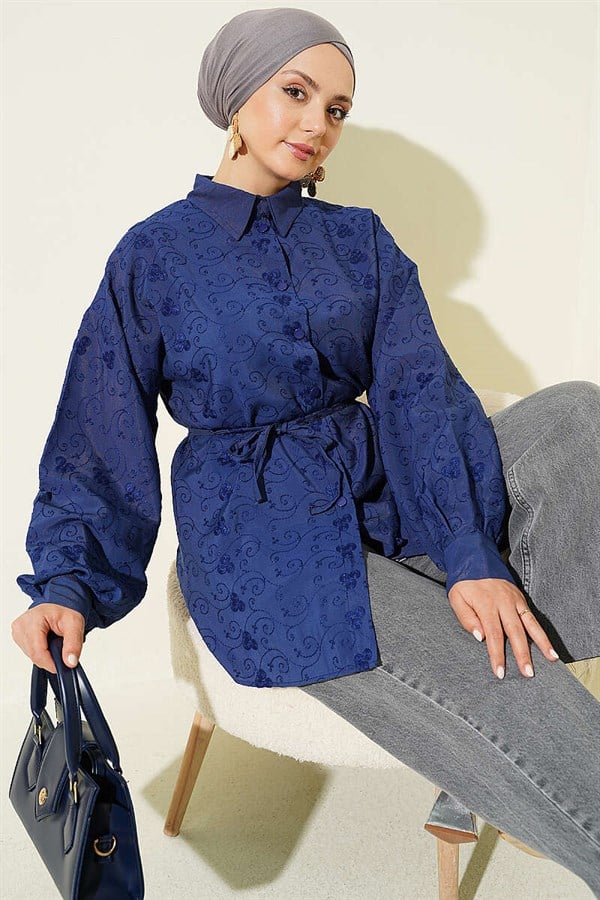 Embroidered Shirt with Drawstring, Navy Blue