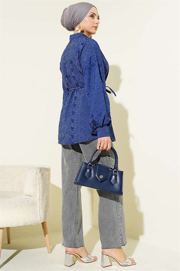 Embroidered Shirt with Drawstring, Navy Blue
