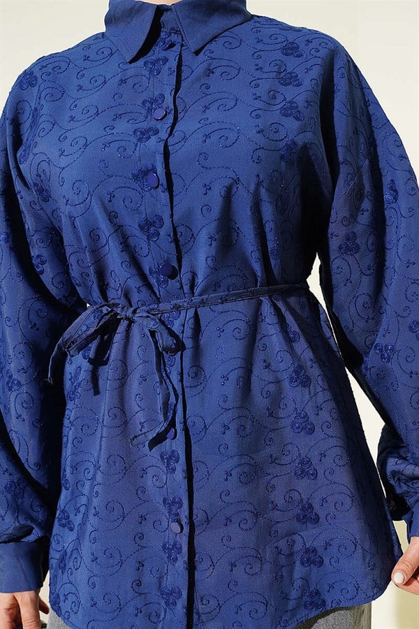 Embroidered Shirt with Drawstring, Navy Blue