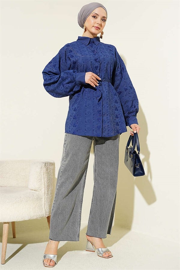 Embroidered Shirt with Drawstring, Navy Blue