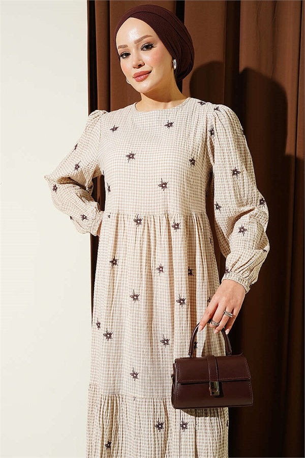 Embroidered Flared Dress, Beige