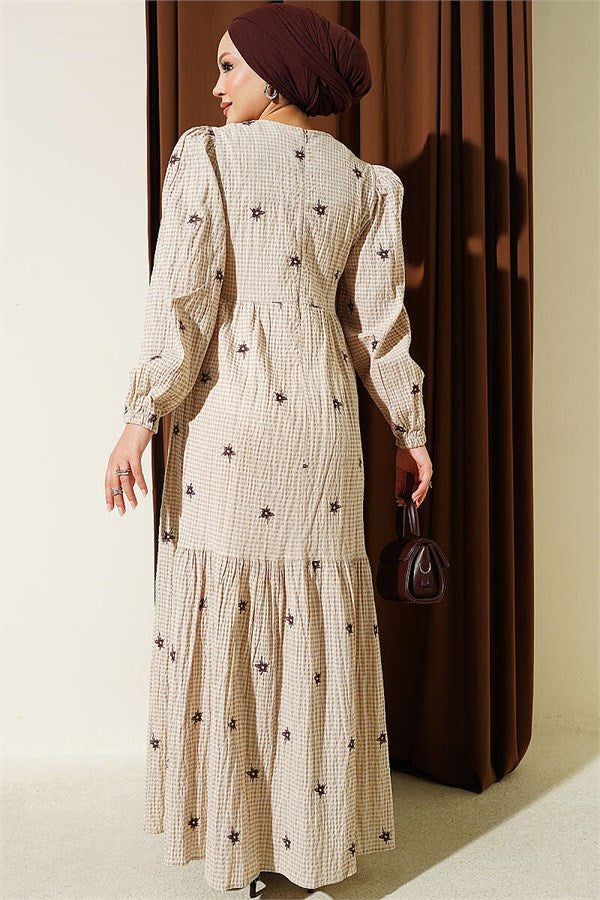 Embroidered Flared Dress, Beige