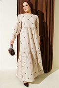 Embroidered Flared Dress, Beige