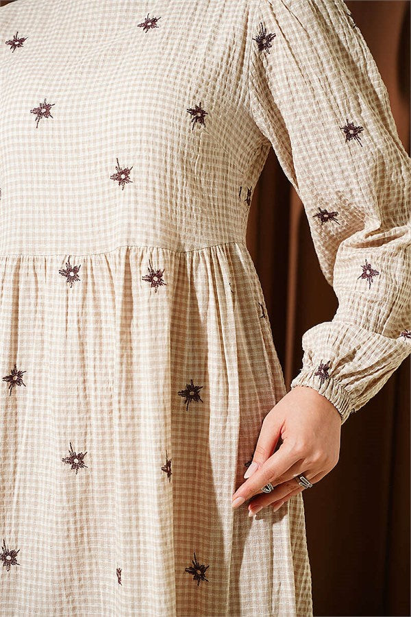 Embroidered Flared Dress, Beige