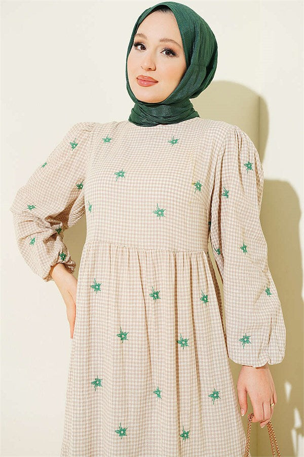 Embroidered Flared Dress, Sand Beige