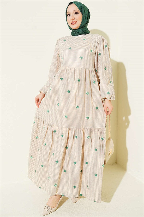 Embroidered Flared Dress, Sand Beige
