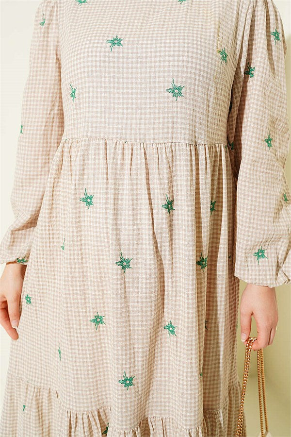 Embroidered Flared Dress, Sand Beige