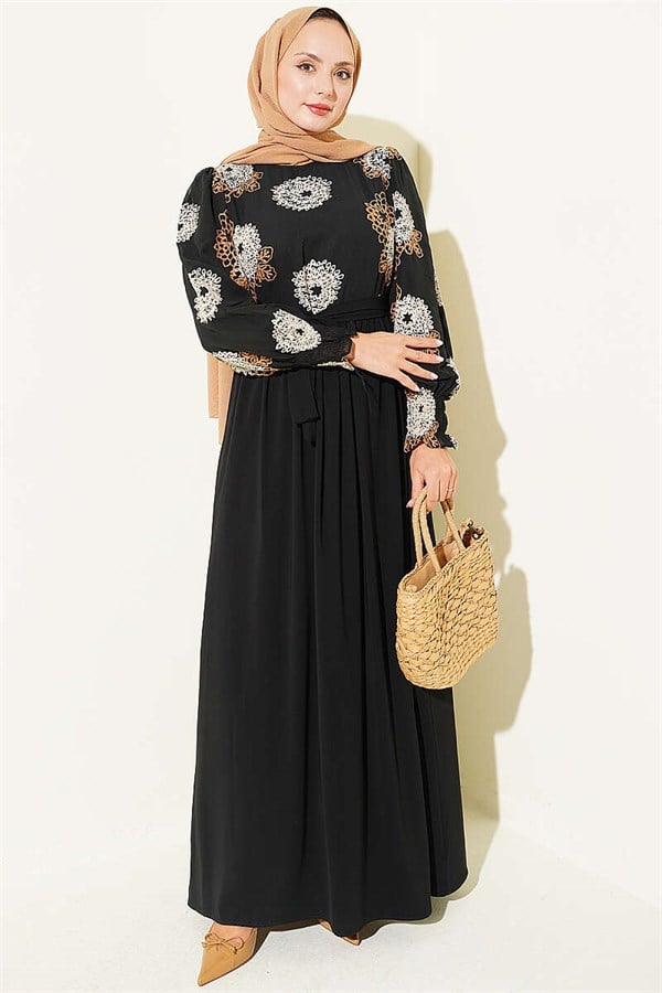 Embroidered Chiffon Dress, Camel