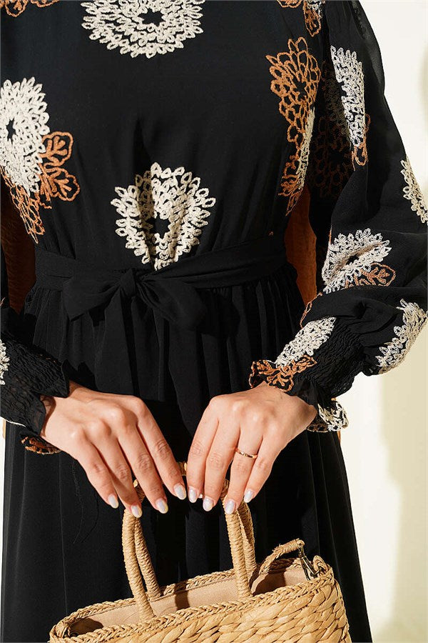 Embroidered Chiffon Dress, Camel