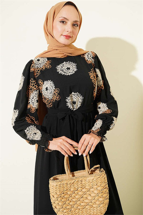 Embroidered Chiffon Dress, Camel