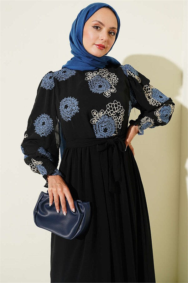 Embroidered Chiffon Dress, Blue