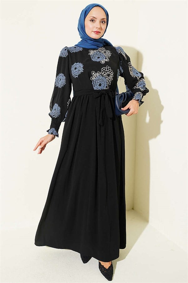 Embroidered Chiffon Dress, Blue