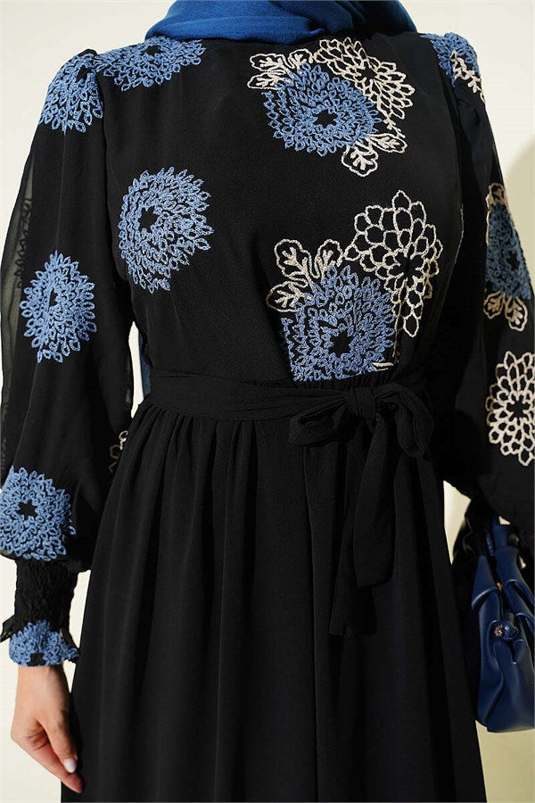 Embroidered Chiffon Dress, Blue