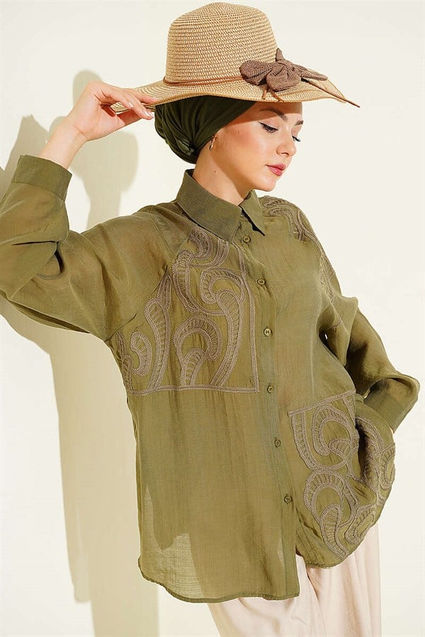 Embroidered Detail Shirt, Khaki