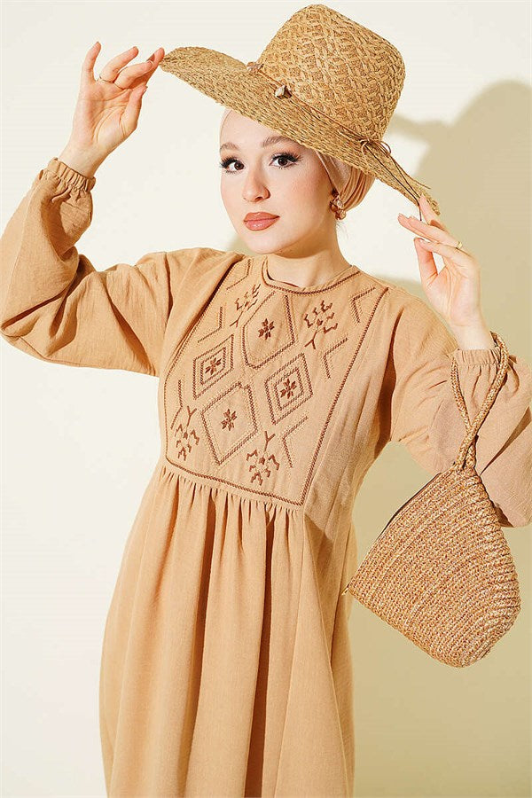 Embroidered Dress with Elasticated Ankles (Latte)