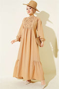 Embroidered Dress with Elasticated Ankles (Latte)