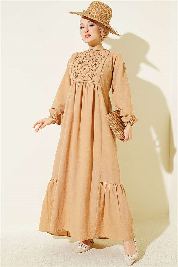 Embroidered Dress with Elasticated Ankles (Latte)