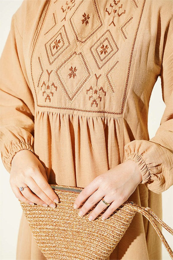 Embroidered Dress with Elasticated Ankles (Latte)