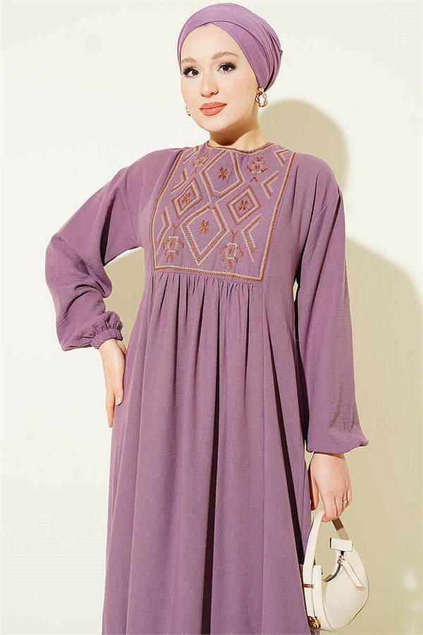 Embroidered Dress with Elasticated Ankles, Lilac