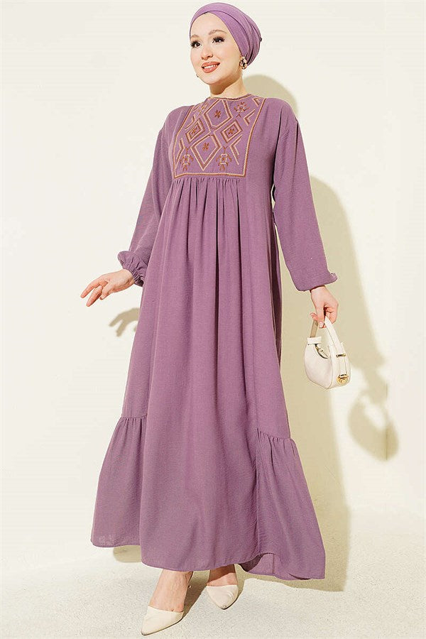 Embroidered Dress with Elasticated Ankles, Lilac