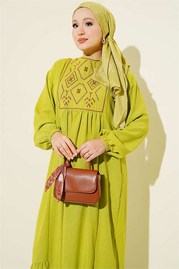 Embroidered Dress with Elasticated Ankles, Olive Green