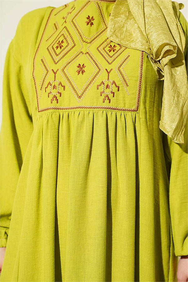 Embroidered Dress with Elasticated Ankles, Olive Green