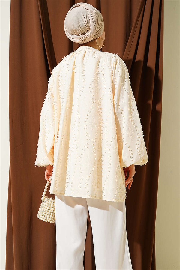 Embroidered Balloon Sleeve Loose Tunic Beige