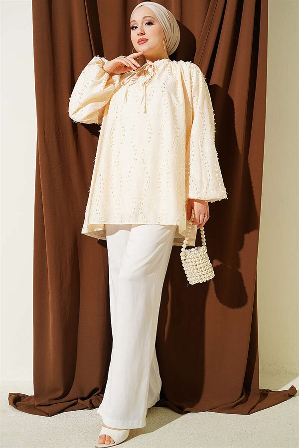 Embroidered Balloon Sleeve Loose Tunic Beige