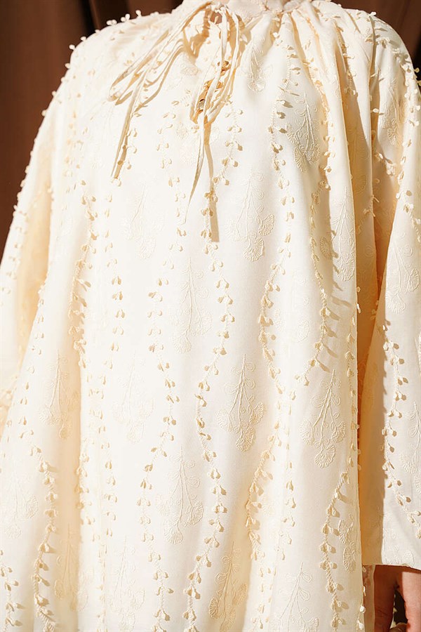 Embroidered Balloon Sleeve Loose Tunic Beige