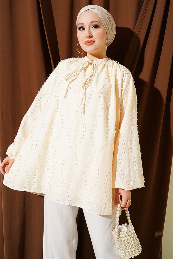 Embroidered Balloon Sleeve Loose Tunic Beige