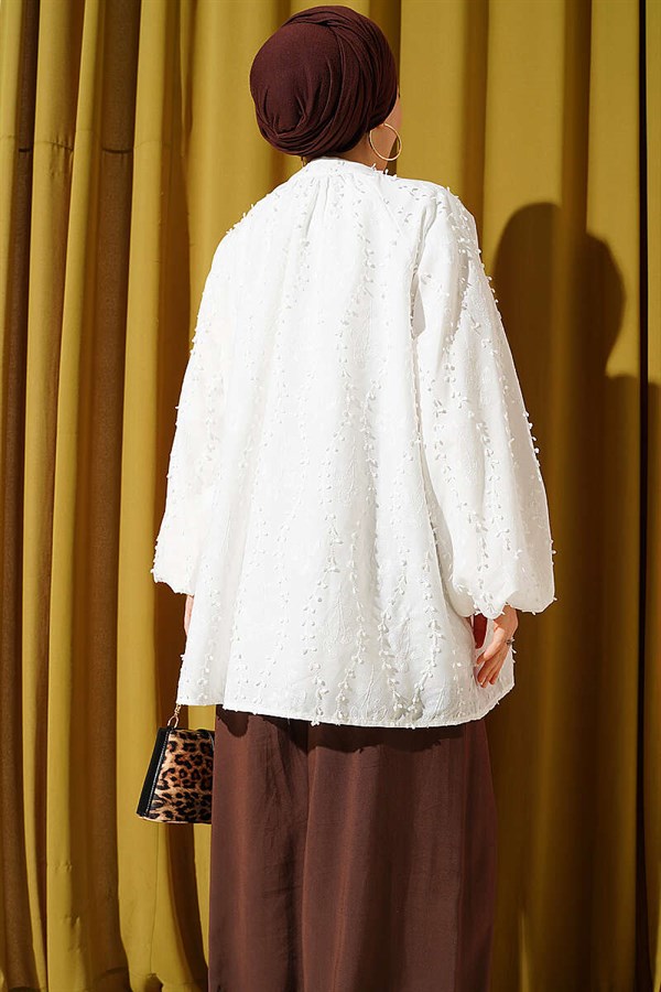 Embroidered Balloon Sleeve Loose Tunic White