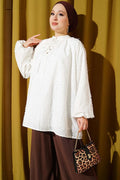 Embroidered Balloon Sleeve Loose Tunic White