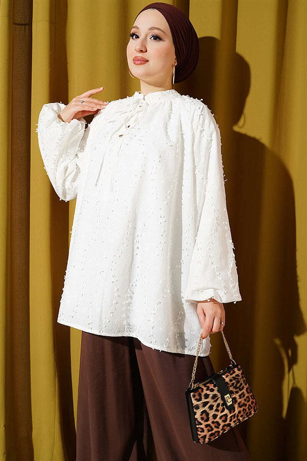 Embroidered Balloon Sleeve Loose Tunic White